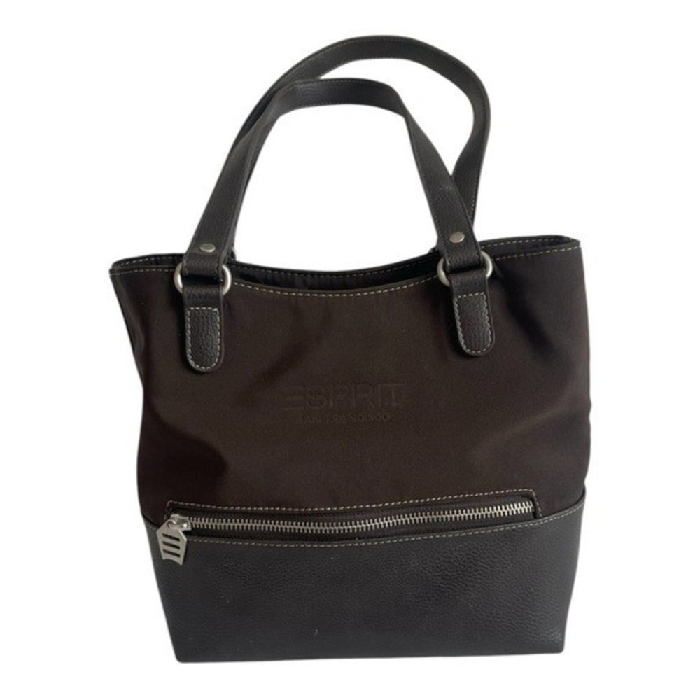 Esprit Womens Brown Leather Nylon Tote Bag Handbag Shoulder Bag